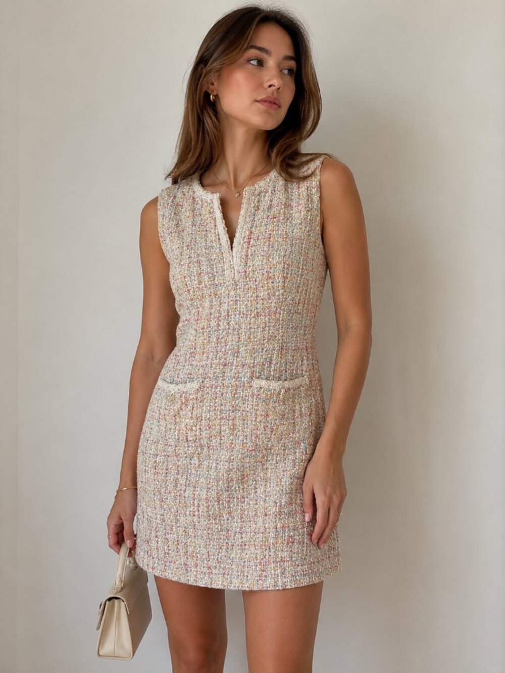 MOTF Tweed Mini Shift Dress Women's Size S Beige Multicolor Sleeveless Chic